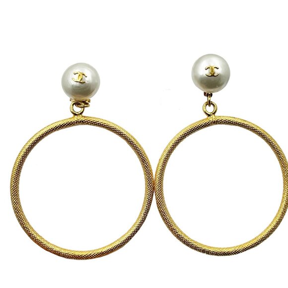 Chanel Vintage Rare Gold Plated CC Pearl Large Hoop Dangle Clip on Earrings